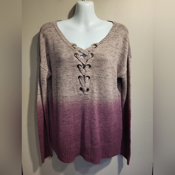 American Eagle Outfitters V-Neck Lace-Up Sweater - Pink Gradient, Size Small - Picture 2 of 5